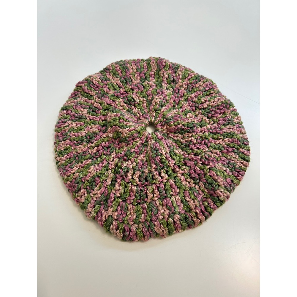Handmade Crochet Beret Tam Hat Green Pink Variegated Boho Slouchy Beanie